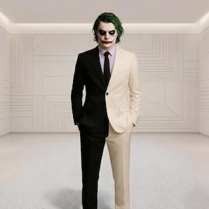 May include: A two-tone suit featuring a black right side and a cream-colored left side, worn with a light purple dress shirt and a black necktie. The figure has green hair and white face paint with dark eye makeup and a red painted smile.