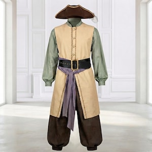 May include: A pirate costume featuring a brown tricorn hat, a sage green long-sleeve shirt, a beige sleeveless vest with gold buttons, a black belt with a gold buckle, a lavender waist sash, and dark brown trousers with gathered cuffs.