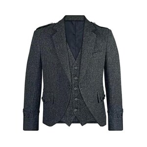 May include: A dark grey tweed jacket with a matching waistcoat. The jacket has a single-breasted closure, flap pockets, and a notched lapel. The waistcoat has a five-button closure and a pointed collar.