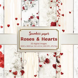Romantic Roses and Hearts Digital Paper Bundle – 20 Red and White Seamless Love  Backgrounds for Valentine’s, Weddings, Scrapbooking, Crafts
