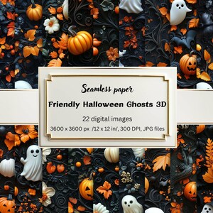Friendly Halloween Ghosts 3D Digital Paper, Seamless Fun Halloween 3D Design, Cute Ghosts, Pumpkins, Bats, Crafts, Party Décor, Invitations