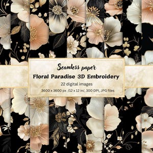 3D Embroidered Floral Seamless Digital Paper Pack, Boho Flower Backgrounds, Black, Cream, Beige, Scrapbook, Invitations, Fabric Design, JPG