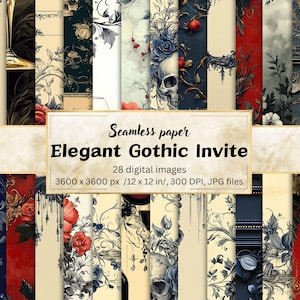 Elegant Gothic Party Invitation Digital Papers, Elegant Halloween Email Invite, Skulls, Floral Motifs, Gothic Weddings & Events - 28 Designs