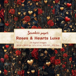 Roses & Hearts Digital Paper Bundle, 24 Valentine Seamless Patterns, Romantic Floral Backgrounds, Red Gold Scrapbook, Luxury Printable Paper