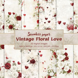 Vintage Floral Love Digital Paper Bundle, Red & White Roses with Hearts, 20  Romantic Seamless Backgrounds for Weddings and Valentine's Day