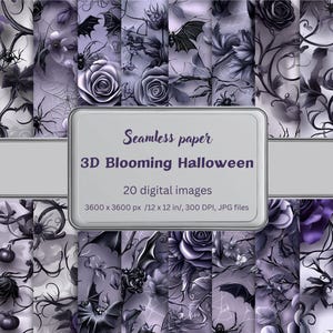 Blooming Halloween Digital Papers, 3D Floral Textures, Spooky Wall Art, Silver Purple Seamless JPG Backgrounds for Invitations and Crafts