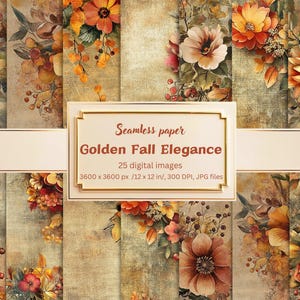 Autumn Vintage Floral Digital Paper Pack – Seamless 12x12 in Textures, Rustic Fall Flowers, Berries & Leaves for Crafts, Scrapbooking, JPG