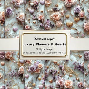 Luxury 3D Floral and Heart Digital Paper Bundle | 21 Seamless Romantic Marble Love Backgrounds | Scrapbooking, Invitations, Valentine’s Day