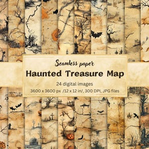 Haunted Treasure Map Digital Paper, Seamless Vintage Halloween Maps, Bats, Pumpkins, Graveyards & Haunted Mansion, Scrapbooking, Party Decor