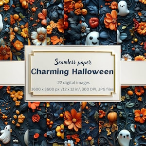 Charming Halloween Digital Paper, 3D Clay Pumpkins, Ghosts & Floral Designs, Seamless Cute 3D Halloween Backgrounds, Crafts, Invitations