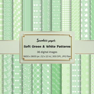 Papiers numériques sans couture vert doux et blanc | 36 motifs abstraits, géométriques et floraux élégants pour le scrapbooking, le branding et la conception de tissus