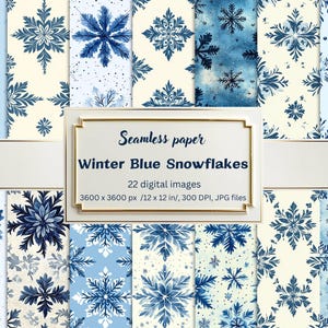 Winter Blue Snowflakes Seamless Digital Paper Pack – 22 JPG Winter Backgrounds for Scrapbooking, Crafts, Cards, Christmas & Winter Patterns