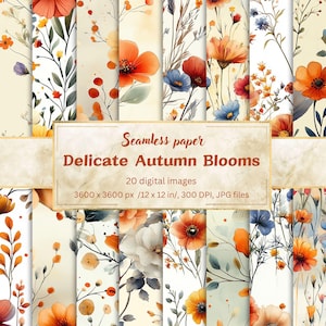 Delicate Autumn Blooms Digital Paper, Watercolor Floral Designs, Seamless Fall Flowers, Birthday Cards, Invitations, Scrapbooking, Crafts