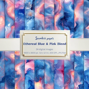 Ethereal Blue & Pink Digital Paper Pack, Abstract Fluid Art Seamless Backgrounds, Marble and Cosmic Textures for Scrapbooking, Fabric Design