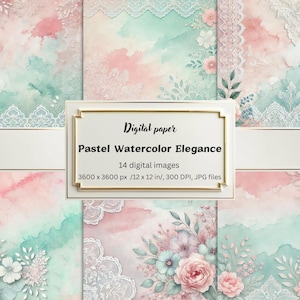 Pastel Watercolor Digital Paper Pack | Floral Lace Backgrounds | Soft Pink & Mint Green | Scrapbook, Wedding Invites, Vintage Crafts, JPG