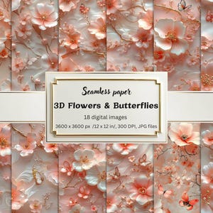 3D Flowers and Butterflies Digital Paper, Soft Blush Seamless Floral Backgrounds for Scrapbooking, Wedding Invitations, Crafts, DIY Projects