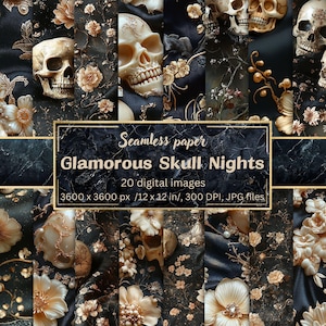 Glamorous Skull Nights Digital Paper, Black Cloth, Luxury Skulls, Beige & Gold Flowers, Candles, Gothic Halloween, Scrapbooking, Dark Decor