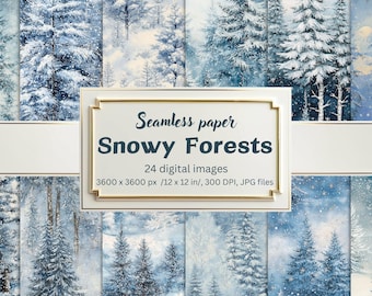Snowy Forests Digital Paper Pack, 24 Seamless Winter Landscapes, Backgrounds & Patterns, Pine Trees, Snowflakes, Scrapbooking, Crafts, Cards