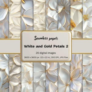 White and Gold Petals Digital Paper Pack, 3D Effect Seamless Textures, Luxury Wall Art, High-Res Backgrounds for Invitations, Home Décor JPG