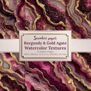 May include: Seamless paper with burgundy and gold agate watercolour textures. The design features swirling patterns in shades of burgundy, pink, and gold. The image includes a white banner with text that reads "Seamless paper Burgundy & Gold Agate Watercolor Textures".