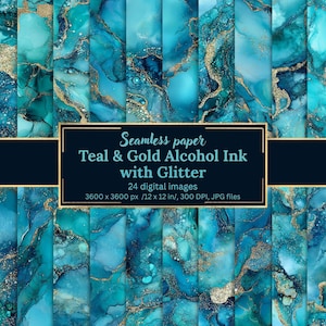 Teal and Gold Alcohol Ink Digital Paper Pack, Seamless Glitter Backgrounds, Luxury Marble Textures