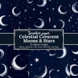 Celestial Crescent Moons & Stars Digital Paper Bundle, 22 Night Sky Seamless Patterns, Navy Moon and Star Backgrounds, Scrapbooking, Crafts