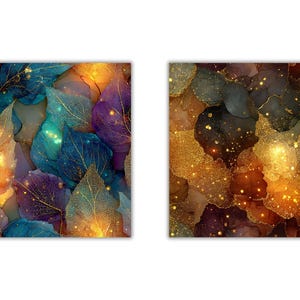 May include: Two square art prints featuring abstract leaf designs. One print showcases leaves in shades of teal, purple, and gold, with gold veining. The other print displays leaves in brown, gold, and purple hues, with gold accents. The prints have a shimmering, ethereal quality.