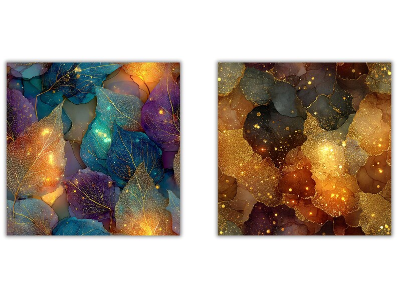 May include: Two square art prints featuring abstract leaf designs. One print showcases leaves in shades of teal, purple, and gold, with gold veining. The other print displays leaves in brown, gold, and purple hues, with gold accents. The prints have a shimmering, ethereal quality.