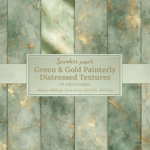 Green and Gold Painterly Distressed Textures, Seamless Digital Papers, Abstract Mineral Marble Backgrounds