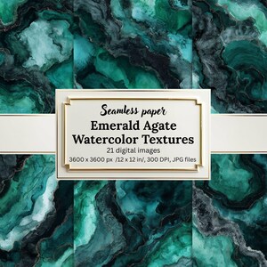 May include: Seamless paper featuring Emerald Agate Watercolor Textures. The design showcases a blend of teal, emerald green, and black hues, creating a marbled effect. The image includes a framed text box with product details, including the size of 12 x 12 inches.