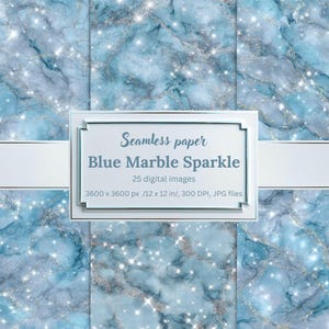 Blue Marble Sparkle Digital Papers, Seamless Ethereal Backgrounds, Elegant Stone Textures