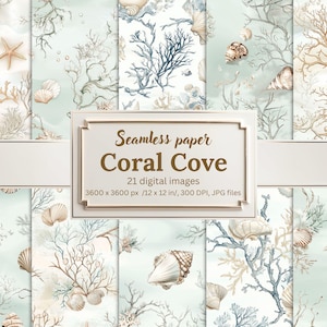 Coral, Shells & Starfish Digital Paper Bundle, 21 Seamless Ocean JPG Backgrounds, Sea Life, Pearls, Marine Scrapbooking, Printables, Crafts