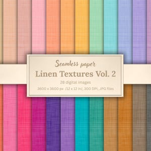 Può includere: Una collezione di 28 texture di lino digitali in vari colori, tra cui rosso, rosa, arancione, giallo, verde, blu, viola e grigio. L'immagine include il testo "Seamless paper Linen Textures Vol. 2" e le dimensioni 30,48 x 30,48 cm.