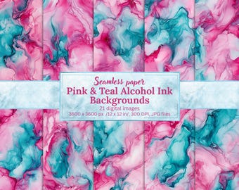 Pink Teal Alcohol Ink Digital Paper Bundle, 21 Seamless Marble Backgrounds, Abstract Ink Textures, Scrapbooking, Crafts, Design, Prints, JPG