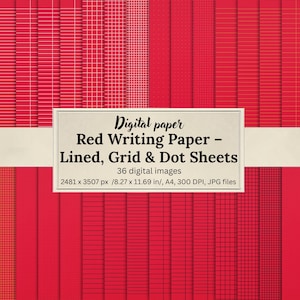 Red Writing Paper Bundle – 36 Lined, Grid & Dot Templates | Printable Notebook Pages, Junk Journal Paper, A4 Size, Scrapbooking, Crafts, JPG