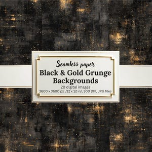 Black and Gold Grunge Digital Paper Bundle, Seamless Abstract Backgrounds, Distressed Dark Textures, Printable Scrapbook Papers, Branding