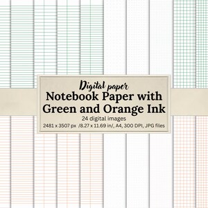 Puede incluir: Papel digital con varios diseños de papel de cuaderno. La imagen muestra una colección de papeles digitales con tinta verde y naranja, incluyendo patrones de líneas, puntos y cuadrículas. El texto en la imagen dice "Notebook Paper with Green and Orange Ink".