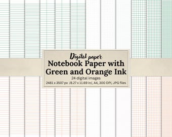 Notebook Paper Bundle - 24 Lined, Dotted & Grid Templates, Printable Notebook Pages, Junk Journal Paper, A4, Scrapbooking, Green Orange Ink
