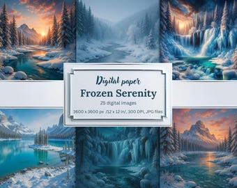 Frozen Serenity Digital Paper Bundle, Winter Backgrounds, Snowy Forest Landscapes, Mountain Lakes, Printable Scrapbook Papers, Cards