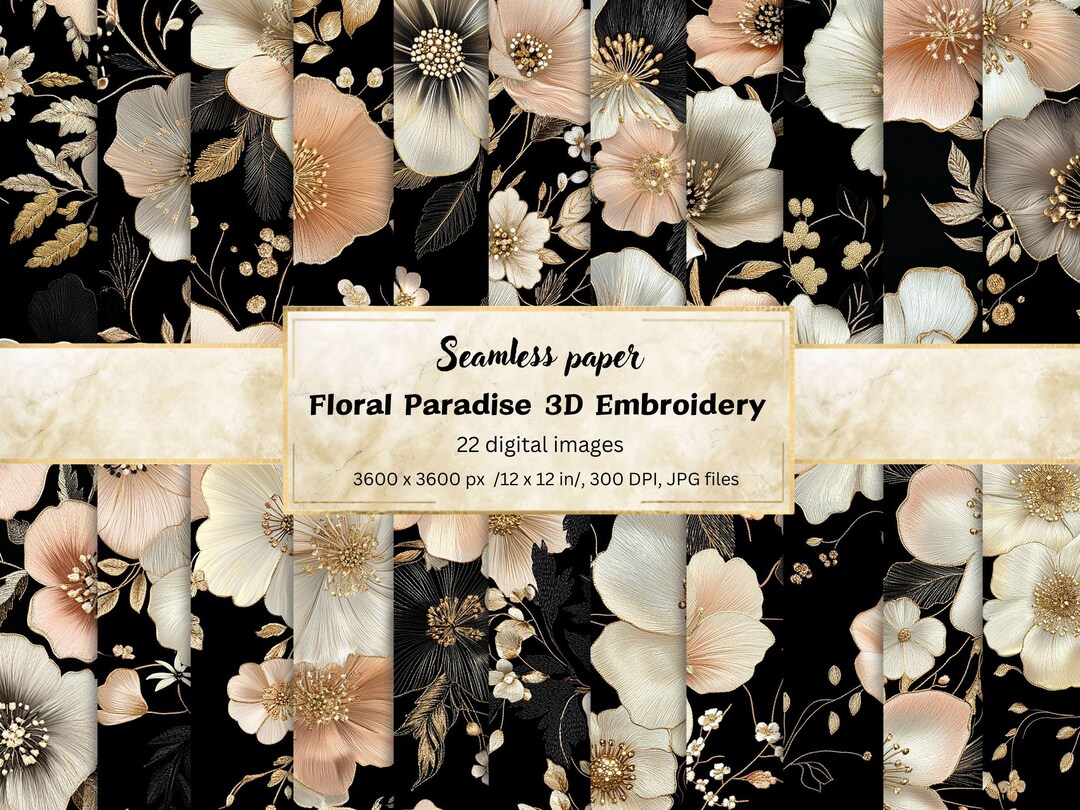 3D Embroidered Floral Seamless Digital Paper Pack, Boho Flower ...