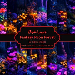 Fantasy Neon Forest Digital Paper Bundle, 20 Glowing Backgrounds, Magical JPG Landscapes, Enchanted Wildflowers, 4K, 3840 x 2160 px, 300 DPI