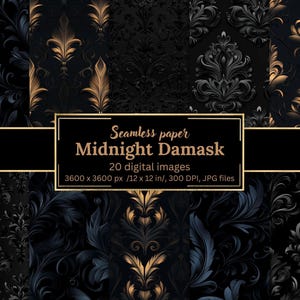 Midnight Damask Digital Paper Set, 20 Seamless Black Baroque Textures, Floral & Feather Backgrounds, Gothic Ornamental Dark Luxury Scrapbook