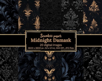 Midnight Damask Digital Paper Set, 20 Seamless Black Baroque Textures, Floral & Feather Backgrounds, Gothic Ornamental Dark Luxury Scrapbook