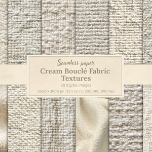 Pode incluir: Uma coleção de texturas de tecido bouclé creme com 28 imagens digitais. O texto diz: Seamless paper, Cream Bouclé Fabric Textures, 28 digital images, 3600 x 3600 px / 30,48 x 30,48 cm, 300 DPI, JPG files. São padrões têxteis variados.