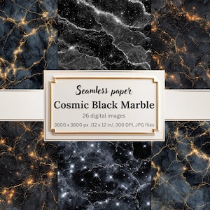Op de afbeelding: Een digitale afbeelding met een naadloos patroon van Cosmic Black Marble. Het ontwerp toont donkerblauwe en zwarte marmer met gouden en witte aderen, en een sterren effect. De tekst "Seamless paper Cosmic Black Marble" is inbegrepen, en de afmetingen zijn 30,48 x 30,48 cm.