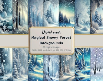 Magical Snowy Forest Backgrounds | Winter Woodland Digital Paper, Snow, Pine Trees, Junk Journals, Scrapbooking, Invitations & Crafts, JPG