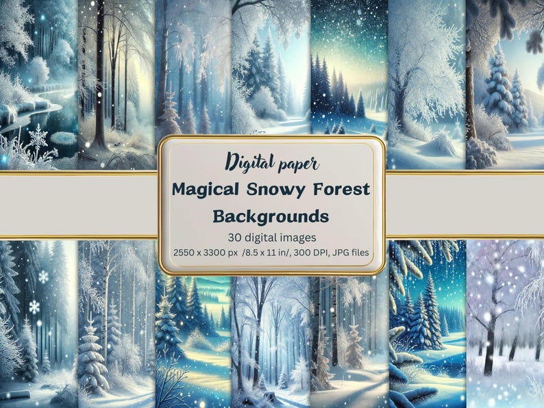 Magical Snowy Forest Backgrounds | Winter Woodland Digital Paper, Snow ...