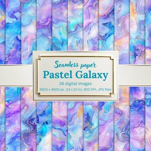 May include: A set of 26 digital seamless paper patterns featuring a pastel galaxy design. The patterns are 3600 x 3600 pixels, 12 x 12 inches, and 300 DPI. The patterns are in JPG format.