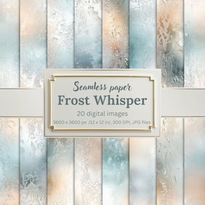 May include: A set of 20 digital seamless paper patterns featuring a frosty, icy, and wintery design. The patterns are in shades of blue, white, and beige. Each pattern is 3600 x 3600 pixels, 12 x 12 inches, and 300 DPI. The patterns are in JPG format.