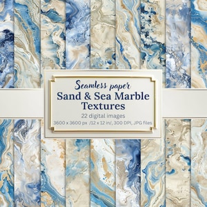 Könnte beinhalten: Nahtlose digitale Papiertexturen in blauen, beige und weißen Marmormustern. 22 digitale Bilder, 3600 x 3600 Pixel, 12 x 12 Zoll, 300 DPI, JPG-Dateien.